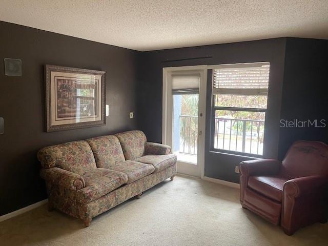 carpeted living room with a textured ceiling