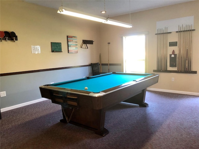 playroom with pool table and dark carpet