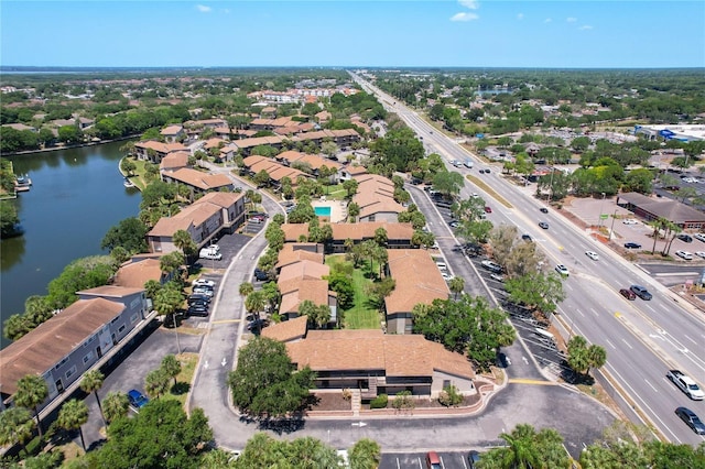 drone / aerial view featuring a water view