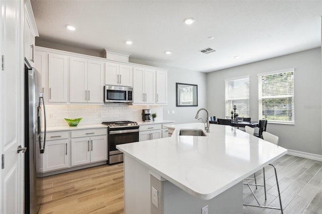 kitchen featuring sink, an island with sink, white cabinets, and appliances with stainless steel finishes