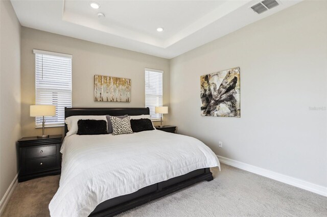 carpeted bedroom featuring a tray ceiling