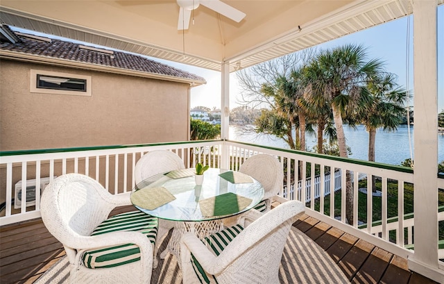 balcony featuring ceiling fan and a water view