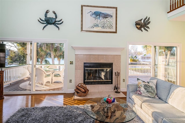 living room featuring a fireplace, hardwood / wood-style floors, a high ceiling, and a wealth of natural light