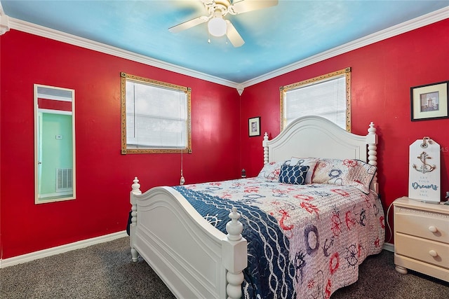 bedroom featuring crown molding, ceiling fan, and dark colored carpet