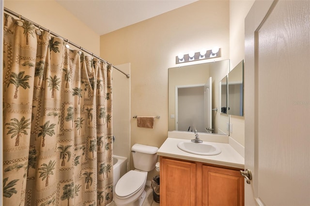 full bathroom with vanity, shower / bath combo, and toilet