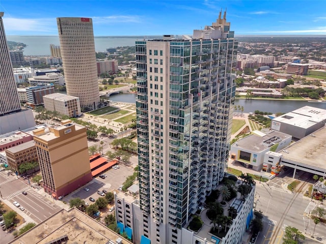 birds eye view of property featuring a water view