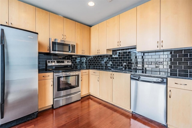 kitchen with stainless steel appliances, dark hardwood / wood-style floors, and light brown cabinetry