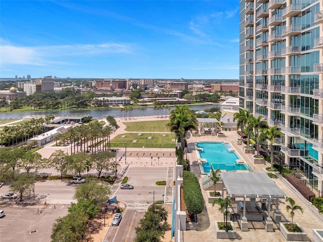 drone / aerial view featuring a water view