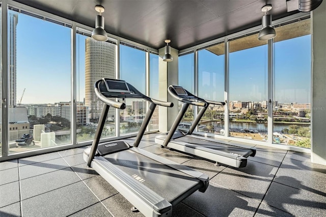 workout area featuring expansive windows and a water view