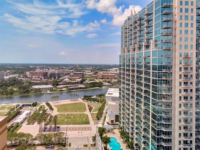 drone / aerial view with a water view