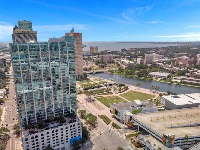 bird's eye view with a water view