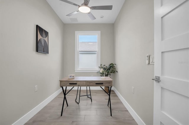 office space with ceiling fan and light hardwood / wood-style floors