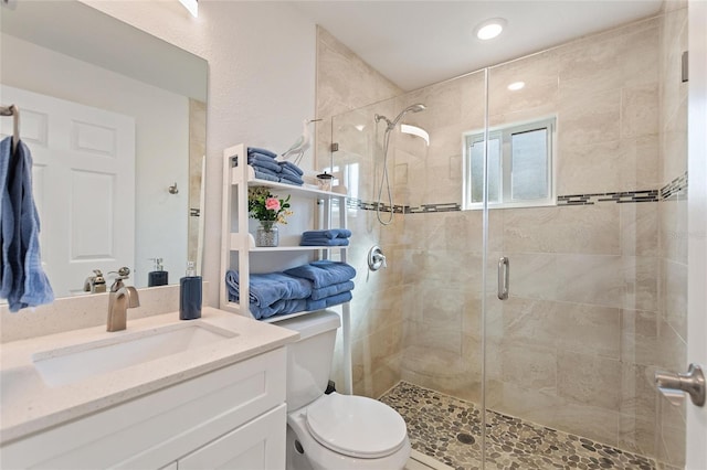 bathroom with vanity, walk in shower, and toilet