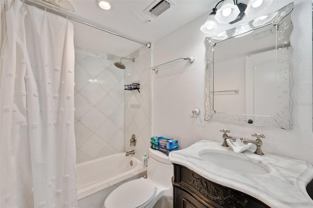 full bathroom with vanity, shower / bathtub combination with curtain, and toilet