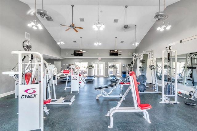 workout area featuring ceiling fan and high vaulted ceiling