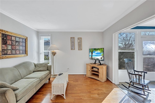 living room featuring crown molding and light hardwood / wood-style flooring