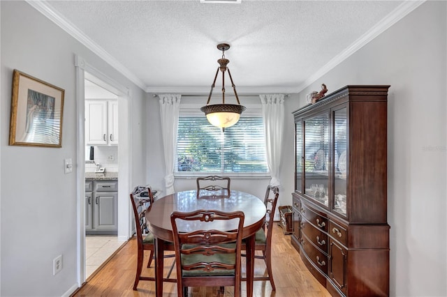 dining space with crown molding, light hardwood / wood-style floors, and a textured ceiling