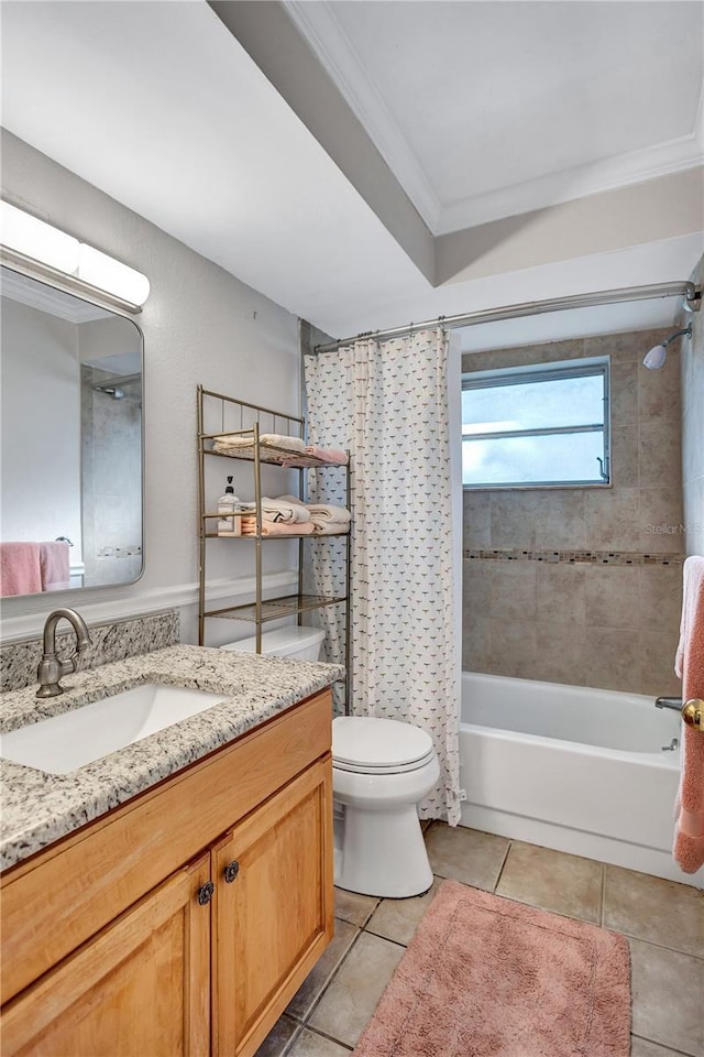 full bathroom with tile patterned flooring, vanity, shower / tub combo, toilet, and crown molding