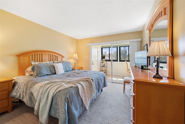 bedroom with carpet, access to exterior, and a textured ceiling