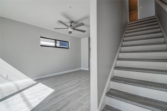 staircase with ceiling fan and wood-type flooring