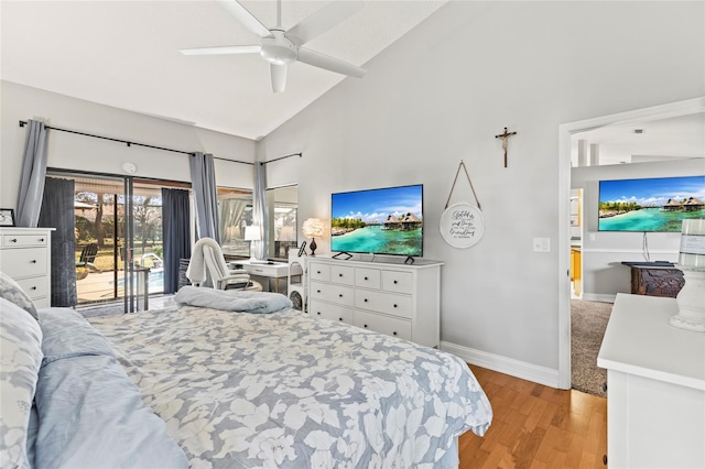 bedroom featuring access to outside, high vaulted ceiling, ceiling fan, and light wood-type flooring