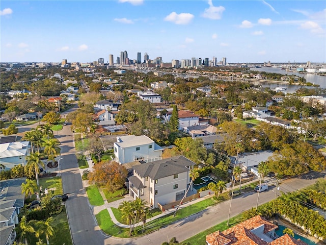 bird's eye view with a water view and a view of city