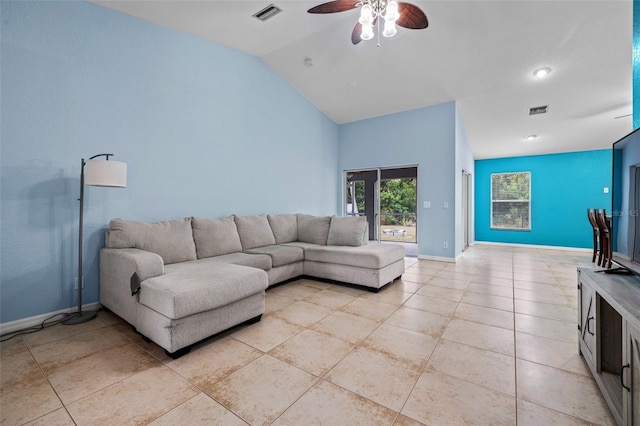 tiled living room featuring lofted ceiling and ceiling fan