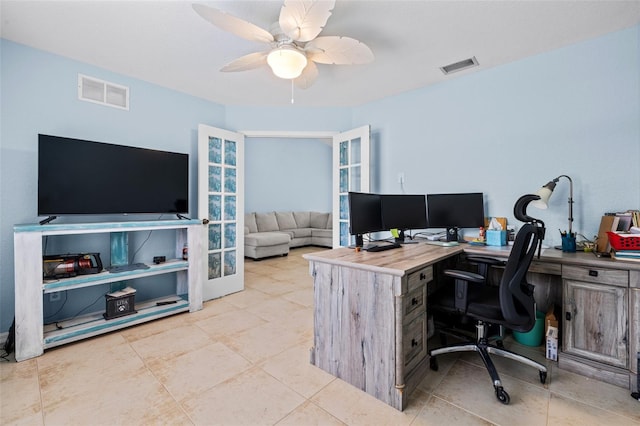 office featuring light tile patterned floors, french doors, and ceiling fan