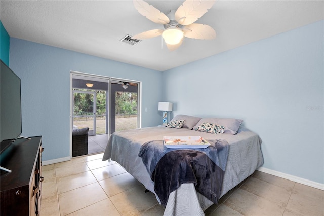 bedroom featuring ceiling fan, access to exterior, and light tile patterned floors