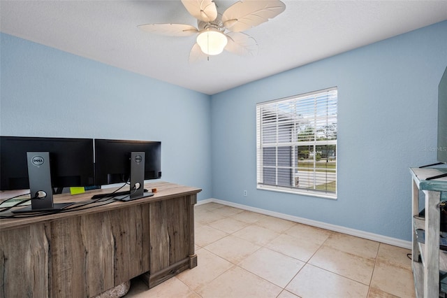 tiled home office with ceiling fan