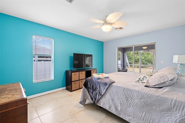 bedroom with access to outside and ceiling fan