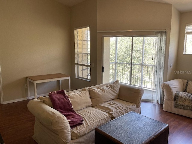 living room featuring dark hardwood / wood-style flooring and a wealth of natural light