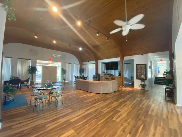 living room with hardwood / wood-style flooring, vaulted ceiling, rail lighting, and ceiling fan