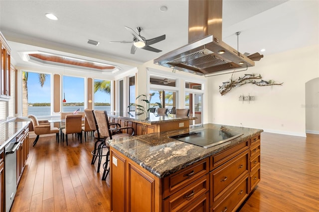 kitchen featuring dark stone countertops, a kitchen island, a water view, island exhaust hood, and black electric cooktop