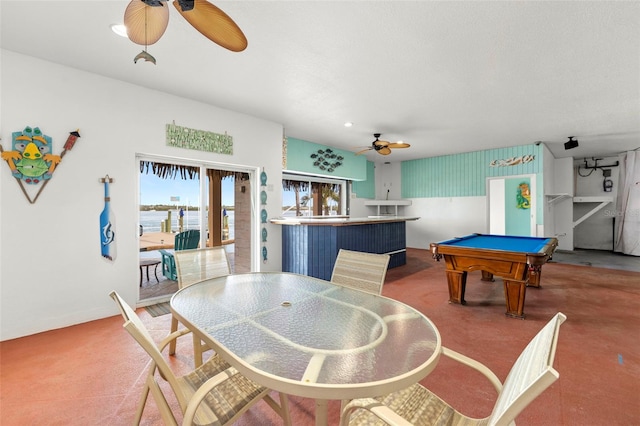 dining area featuring pool table and ceiling fan