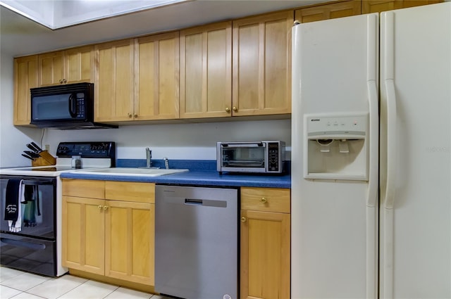 kitchen with dishwasher, sink, white refrigerator with ice dispenser, light tile patterned floors, and electric range