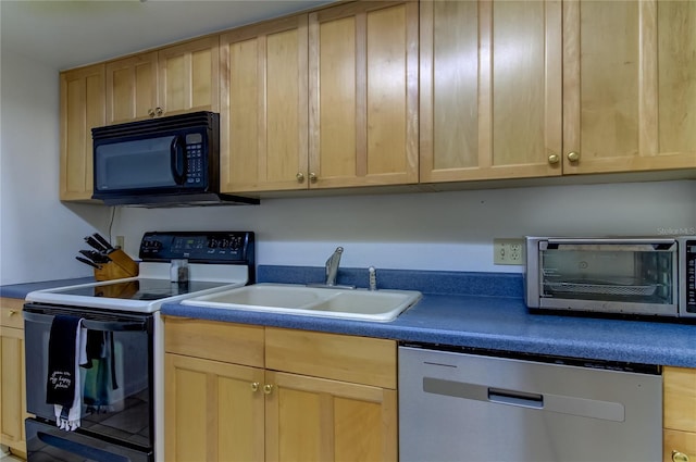 kitchen featuring light brown cabinetry, sink, stainless steel dishwasher, and range with electric cooktop