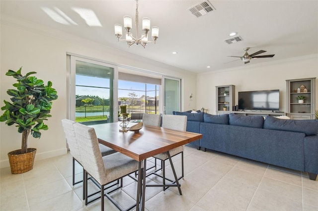 dining area with crown molding, light tile patterned flooring, and ceiling fan with notable chandelier