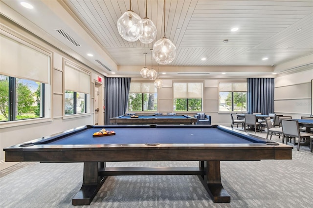 rec room featuring carpet flooring, pool table, and wooden ceiling