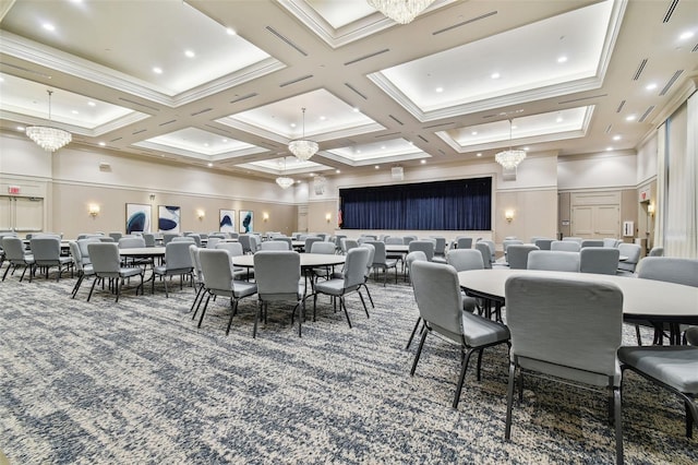 dining space with a high ceiling, dark colored carpet, coffered ceiling, and crown molding