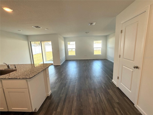 unfurnished living room with sink, dark wood-type flooring, and a textured ceiling