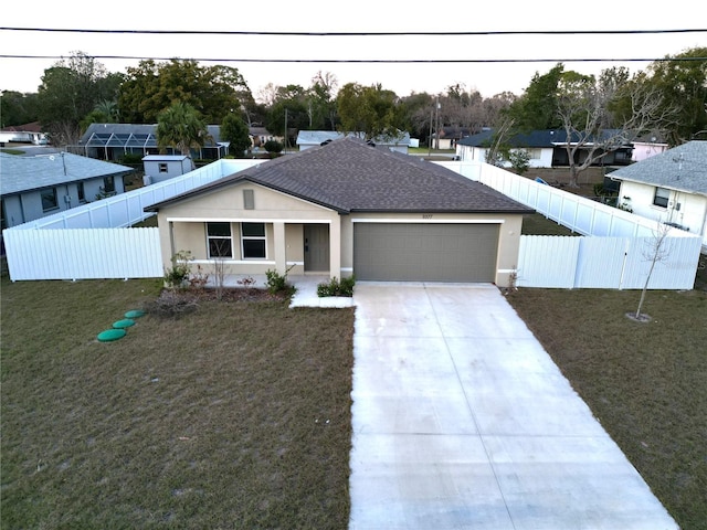 view of front of property featuring a garage, a porch, and a front lawn