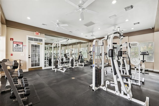 gym with baseboards, visible vents, and recessed lighting