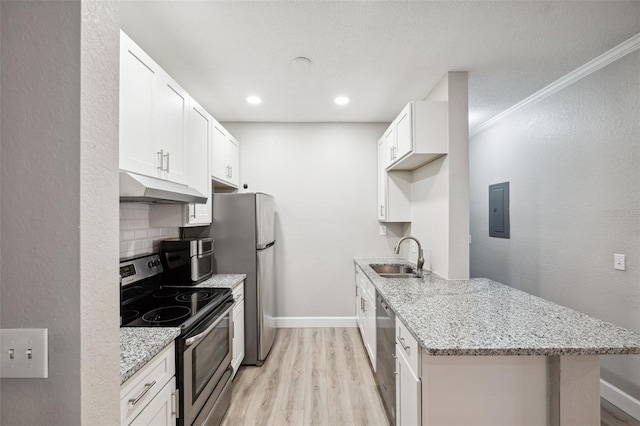 kitchen featuring tasteful backsplash, a peninsula, stainless steel appliances, under cabinet range hood, and a sink