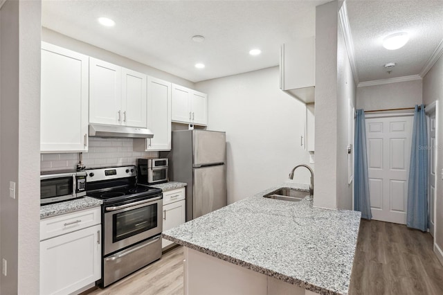 kitchen with light wood finished floors, tasteful backsplash, appliances with stainless steel finishes, under cabinet range hood, and a sink