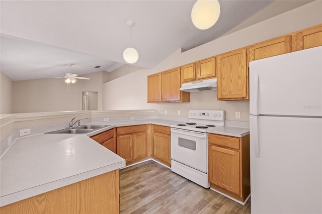 kitchen featuring pendant lighting, sink, white appliances, light hardwood / wood-style flooring, and vaulted ceiling