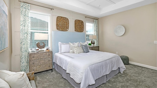 bedroom featuring a tray ceiling and carpet