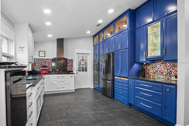 kitchen featuring appliances with stainless steel finishes, white cabinets, range hood, blue cabinets, and beverage cooler