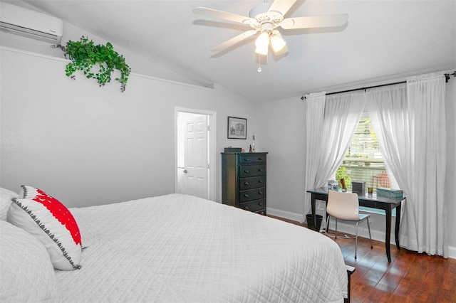 bedroom featuring an AC wall unit, ceiling fan, lofted ceiling, and dark wood-type flooring