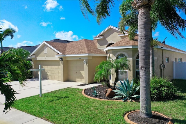 view of front of property featuring a garage and a front lawn